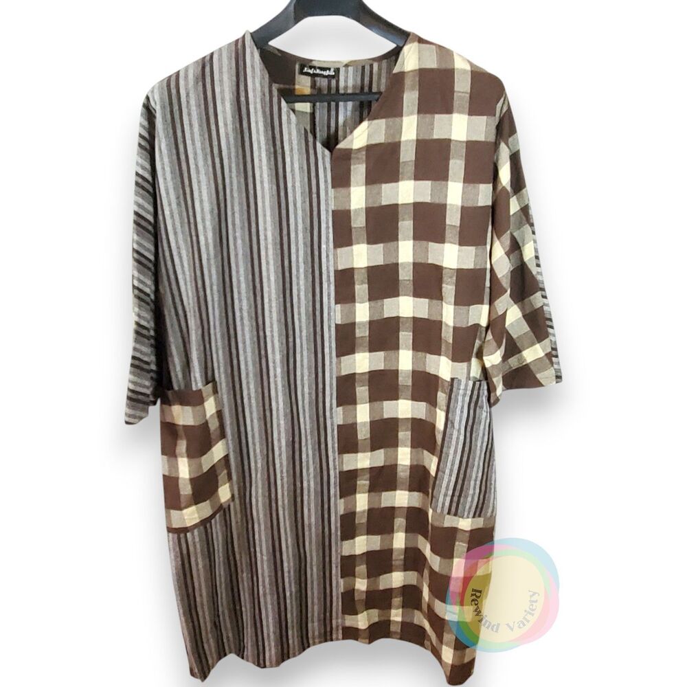 Lagenlook Asymmetric Mixed Plaid Stripe Smock Dress